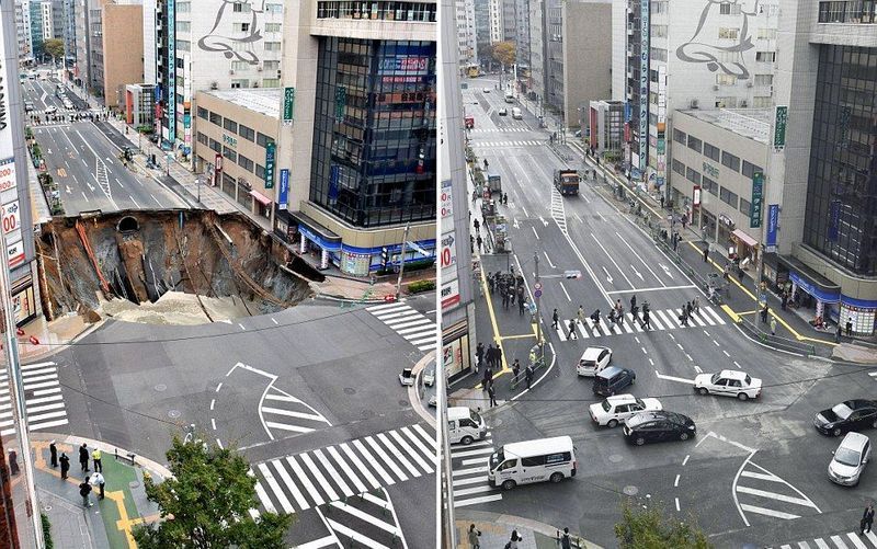 日本福岡道路陷大坑, 搶修一周恢復通車（組圖）