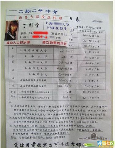 惊呆了！上海女大学生包养价格表曝光(图)